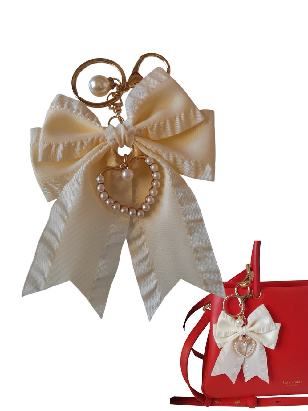 Coquette Pearl Heart Ribbon Bow Keychain Bag Charm 1pc